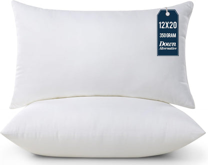 Throw Pillows (Pack of 2, White), 12 X 20 Inches Indoor Decorative Pillow Insert for Sofa, Bed and Couch