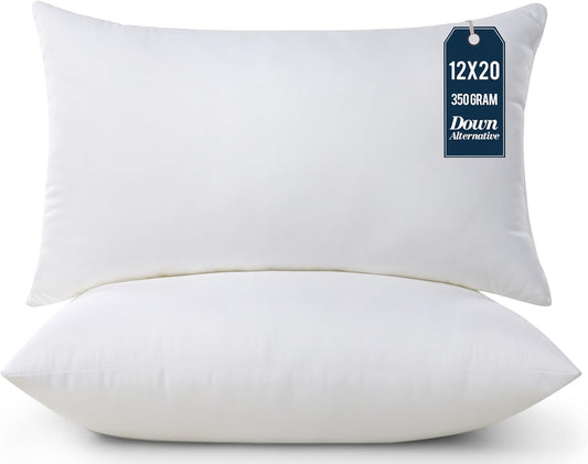 Throw Pillows (Pack of 2, White), 12 X 20 Inches Indoor Decorative Pillow Insert for Sofa, Bed and Couch