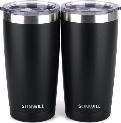 Travel Coffee Mug with Lid, 20 Oz Tumbler Set of 2, Insulated Stainless Steel Cup for Water, Tea, Ice, Powder Coated Black 2 Pack