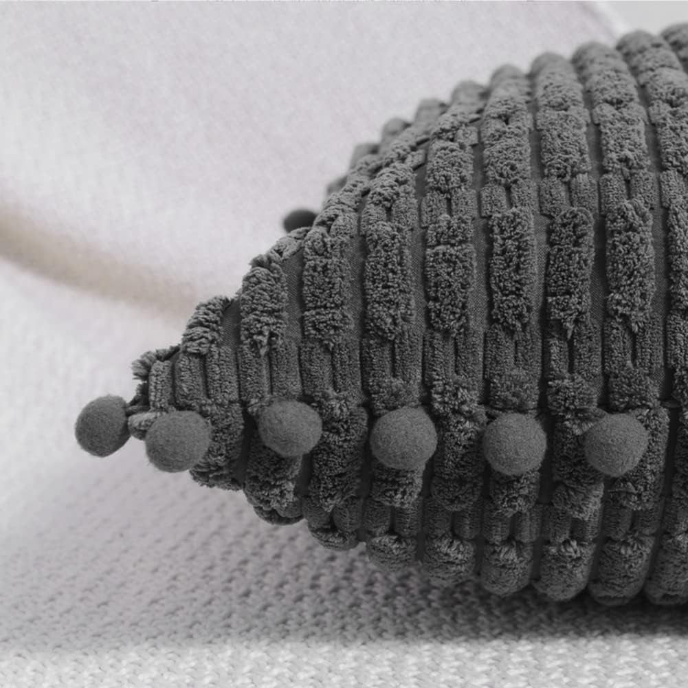 2 Packs Dark Grey Decorative Throw Pillow Covers 20X20 Inch with Pom-Poms for Couch Bed Living Room, Farmhouse Boho Home Decor, Soft Corduroy Cute Square Cushion Case 50X50 Cm