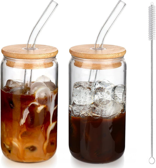 Iced Coffee Cups with Lids 2 Pcs,16 Oz Glass Cups with Lids and Straws as Coffee Bar Accessories,Beer Drinking Glasses,Reusable Glass Tumbler,Cute Coffee Cups for Coffee, Juice, Gifts