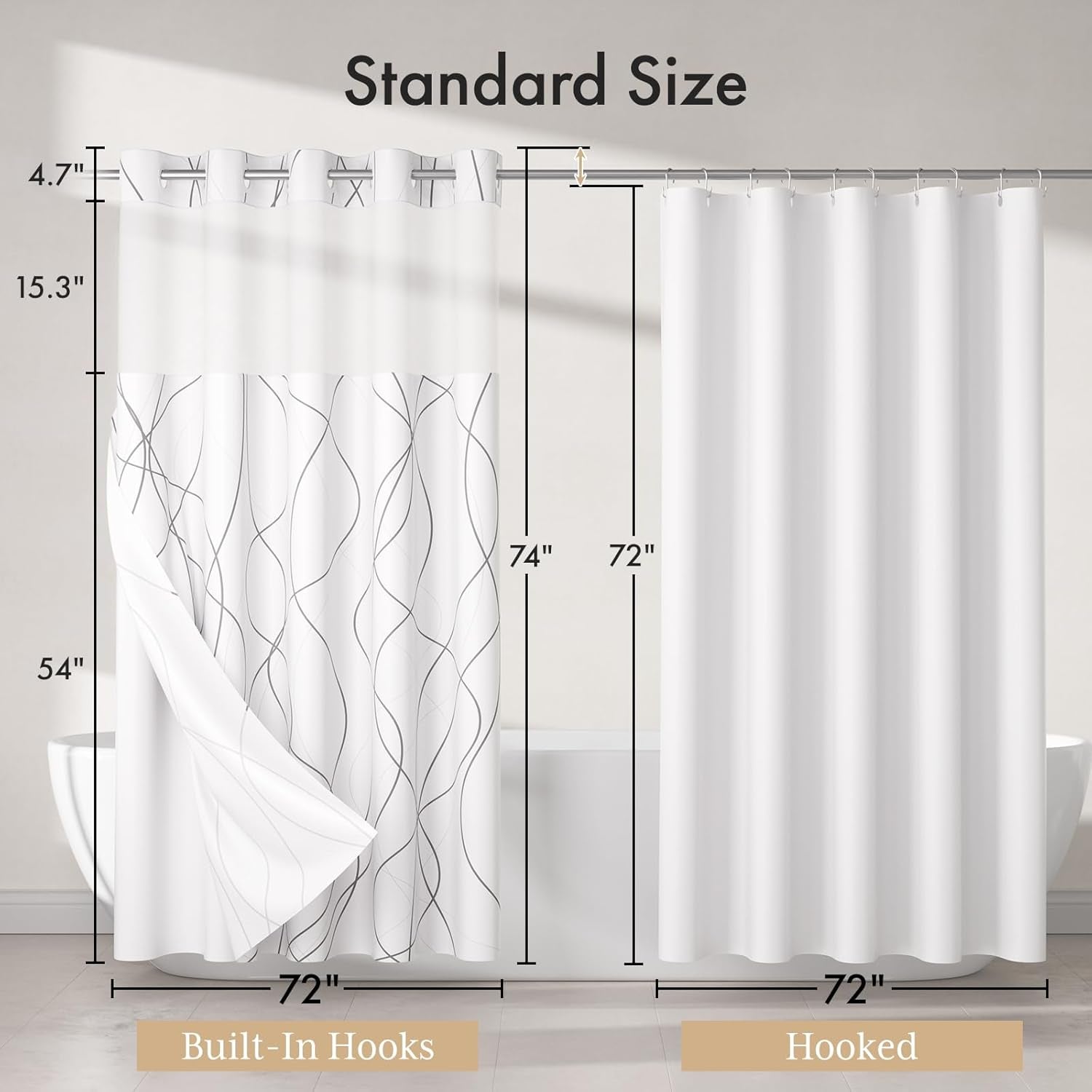 No Hook Shower Curtain and Liner Set, Shower Curtain with Liner and Hooks Built-In Less Time, Heavy Duty Double Waterproof Farmhouse Shower Curtain Set for Bathroom, Grey, 74"X72"