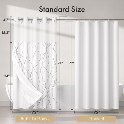 No Hook Shower Curtain and Liner Set, Shower Curtain with Liner and Hooks Built-In Less Time, Heavy Duty Double Waterproof Farmhouse Shower Curtain Set for Bathroom, Grey, 74"X72"