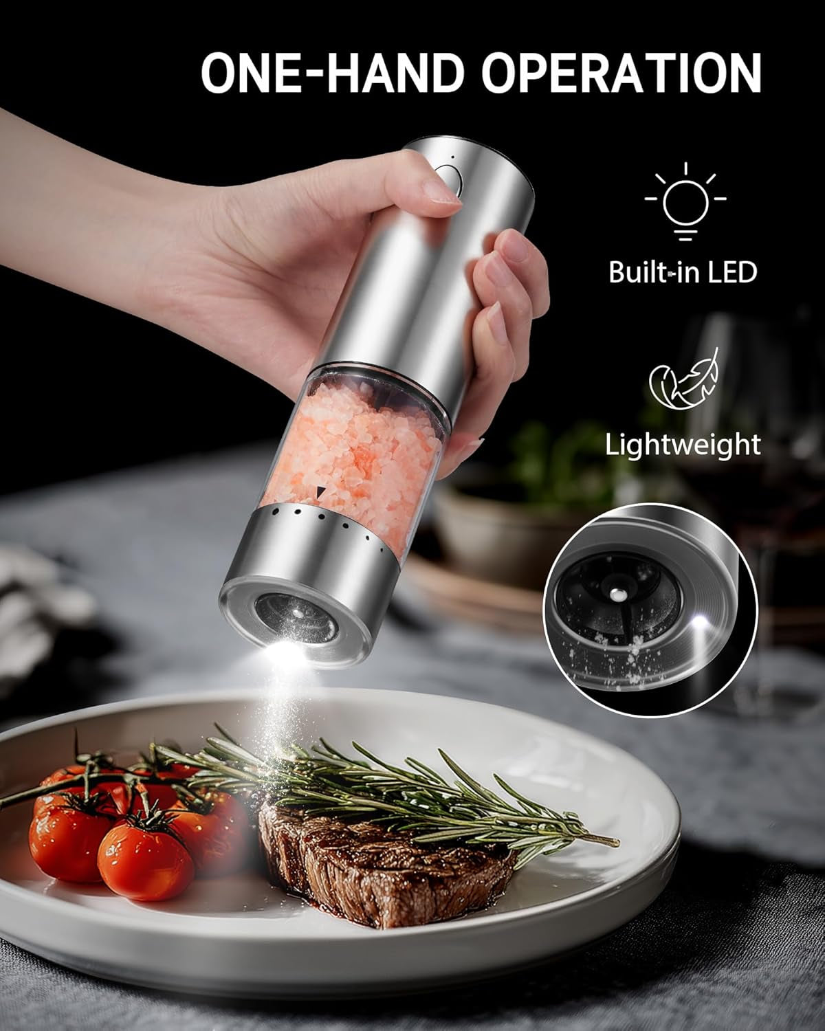 Electric Salt and Pepper Grinder Set USB-C Rechargeable, Stainless Steel Automatic Salt and Pepper Shakers with 6 Adjustable Coarseness High/Low Grinding Speed 95ML Large Capacity & LED Light