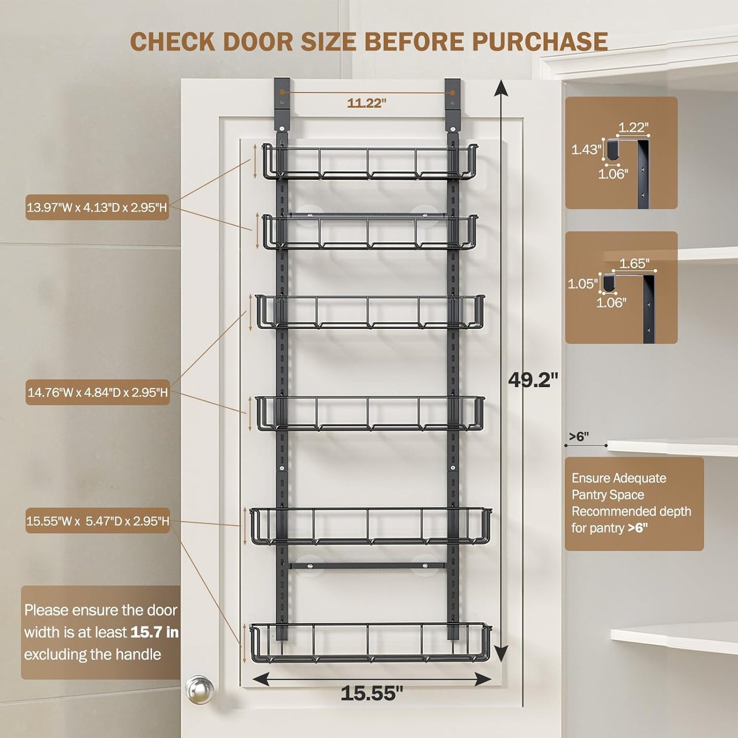 Adjustable over the Door Pantry Organizer with Clear Acrylic Panel, 6-Tier Pantry Organization and Storage for Kitchen, Hanging Spice Rack Seasoning Shelves for Cabinet, Easy Install, Black