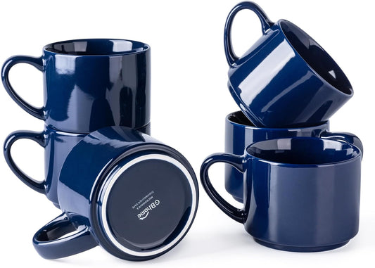 14 oz Stackable Ceramic Coffee Mug Set of 6 in Navy Blue - Modern Cups for Latte, Cappuccino, and Hot Cocoa - Dishwasher and Microwave Safe