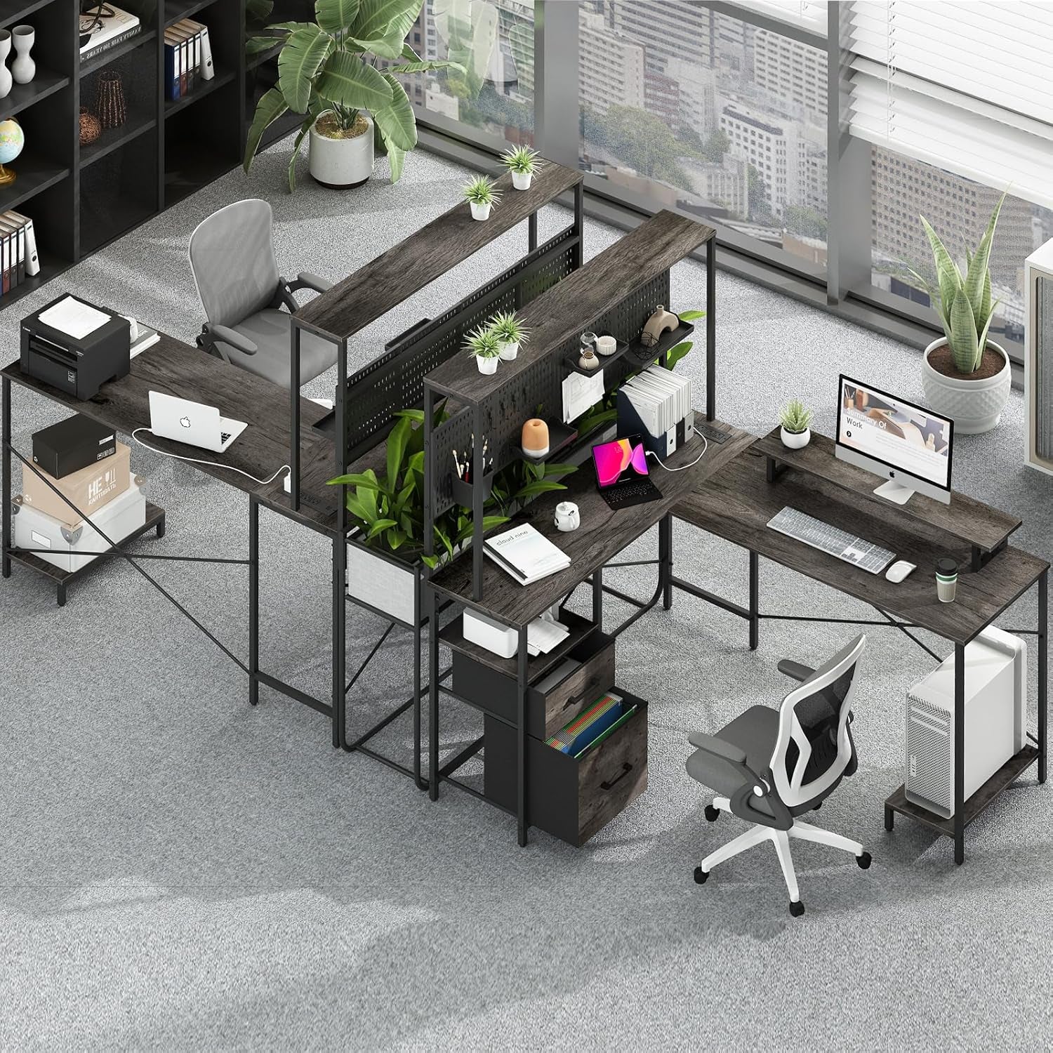 L Shaped Gaming Desk with Pegboard, Reversible Computer Desk with Drawers & Storage Shelves, LED Lights & Power Outlets, Office Desk with Monitor Stand Corner Desk Home Office Desks