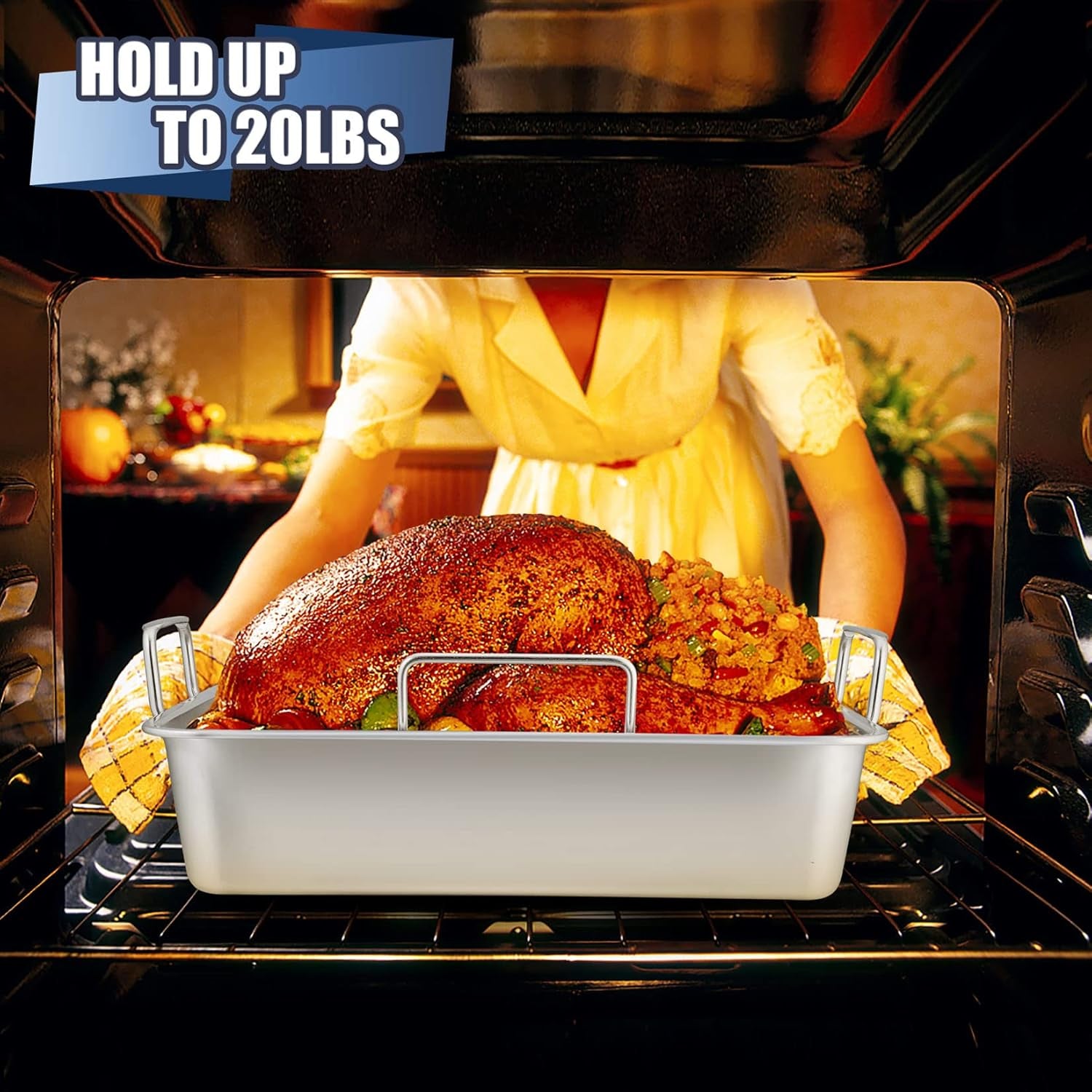 16" Roasting Pan with Rack, 7 PCS  Stainless Steel Roaster Lasagna Pan with Cooling Flat & V-Shaped Baking Rack, Grilling Chicken Holder, Meat Shredding Claws, Dishwasher & Oven Safe