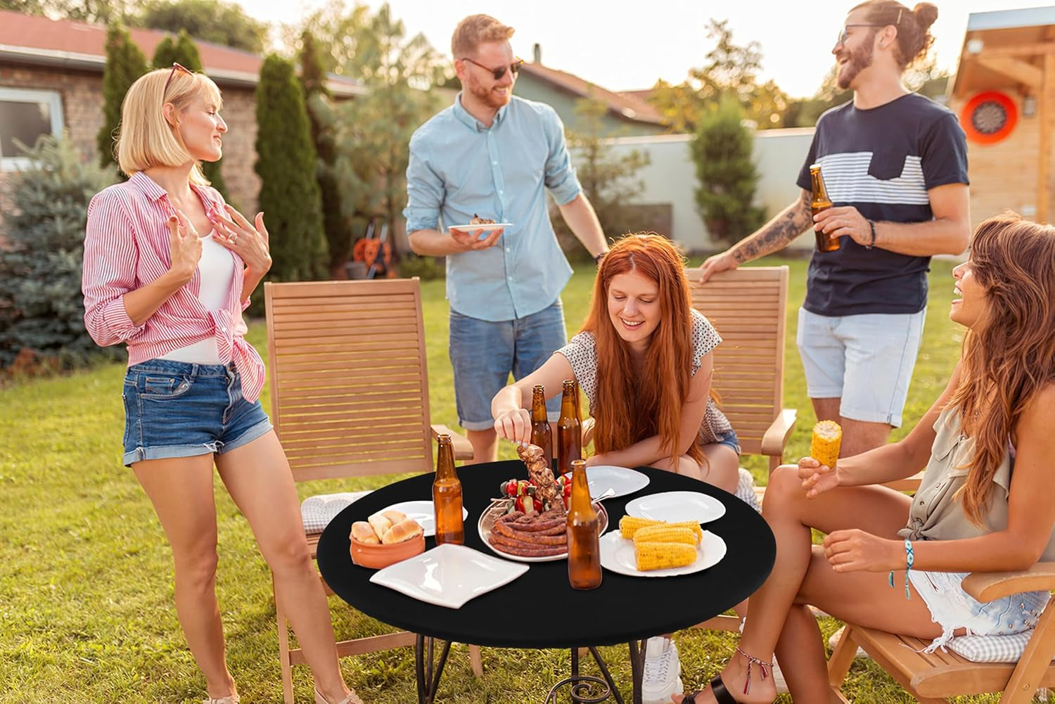 2 Packs round Spandex Tablecloths, Stretch Elastic Tablecloth Cover Fitted for 18"-24" round Tables, Waterproof Polyester Washable Table Cloth for Dining, Party, Outdoor and Indoor, Black