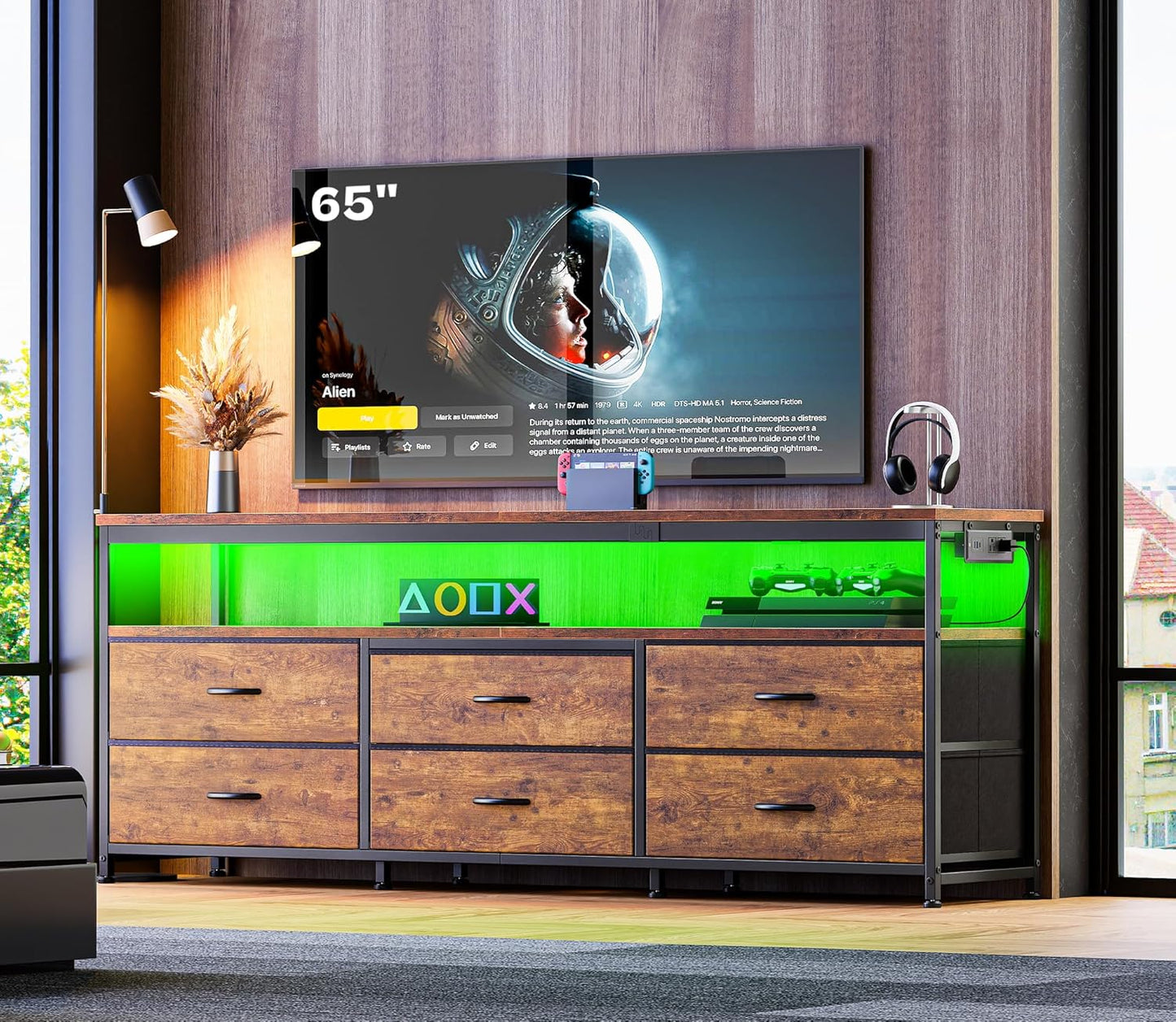 63-Inch TV Stand for 55 to 70 Inch TVs, Rustic Entertainment Center with Power Outlets and Fabric Drawer Storage for Bedroom and Living Room