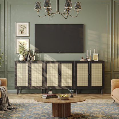 Buffet Cabinet with Storage and Synthetic Rattan Decor Doors, Solid Wood Legs, Ideal for Hallway, Entryway, or Living Room, Black Finish