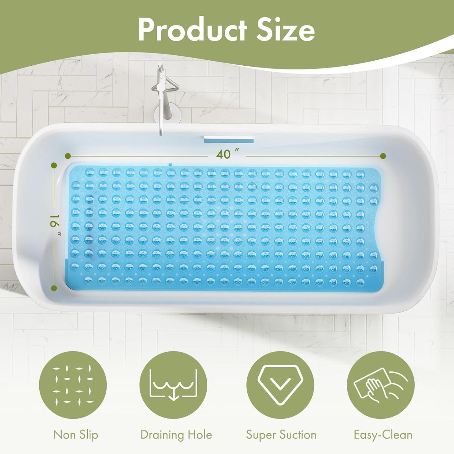 Shower Mat Non Slip 40 X 16 Inches, Bathtub Mat Shower Stall Mats with Suction Cups and Drain Holes, Non Slip Bath Mat for Tub for Elderly & Kids, Clear Blue