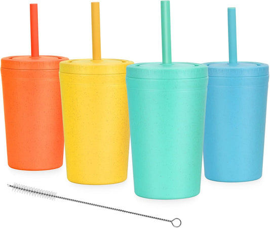 Reusable Wheat Straw Cups with Lids and Silicone Straws, 10 Oz Chip Resistant E-Co Friendly Small Water Cups for Milk, Drinks, Smoothies - 4 Colors