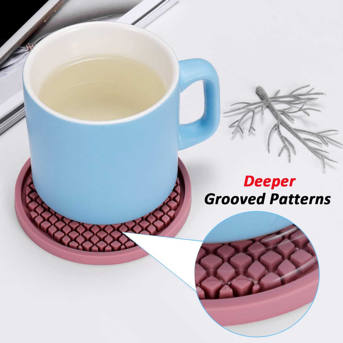 Silicone Coasters [6 Pack] Thickened Drink Coasters with Holder - Cup Mat - Non-Slip, Non-Stick, Stay Put, Deep Tray - Prevents Furniture and Tabletop Damages(Coffee)