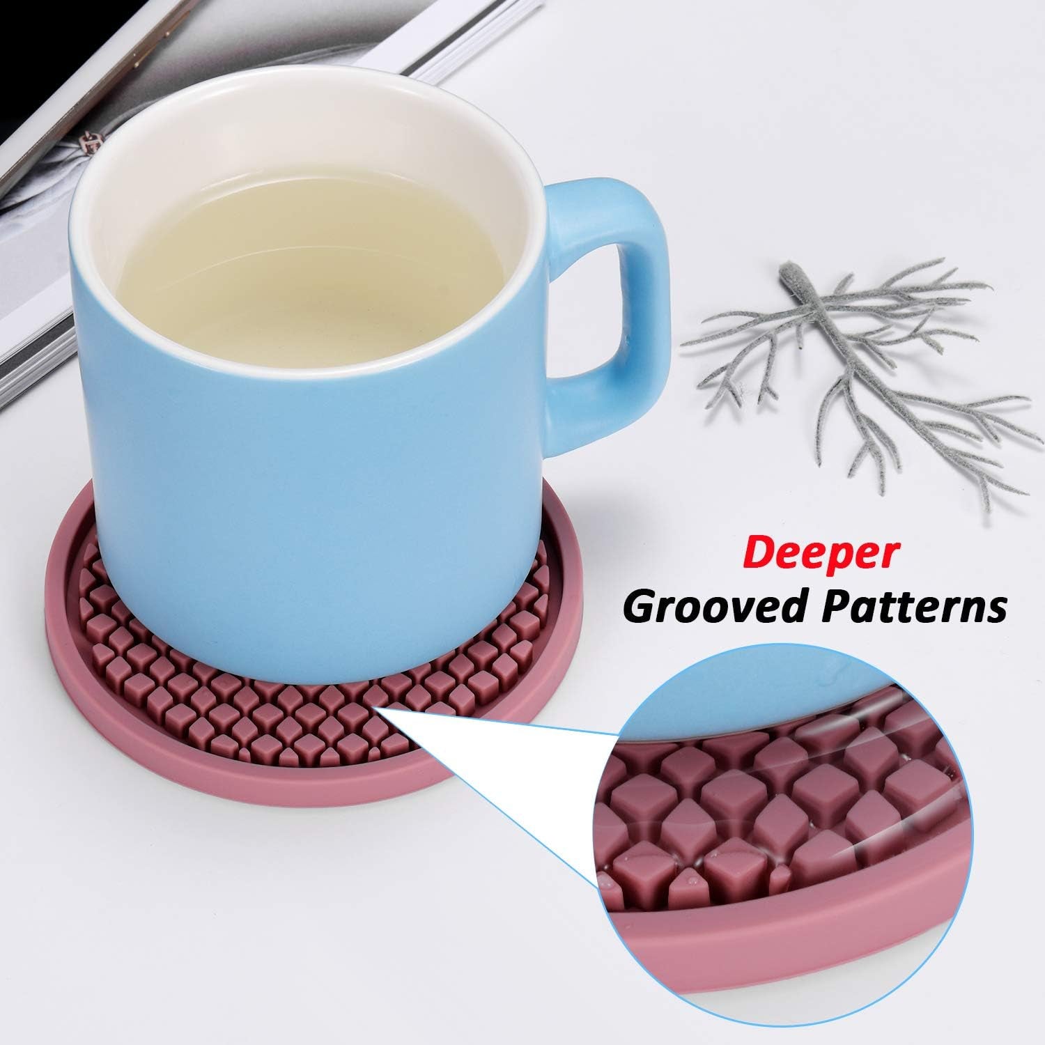 Silicone Coasters [6 Pack] Thickened Drink Coasters with Holder - Cup Mat - Non-Slip, Non-Stick, Stay Put, Deep Tray - Prevents Furniture and Tabletop Damages(Coffee)