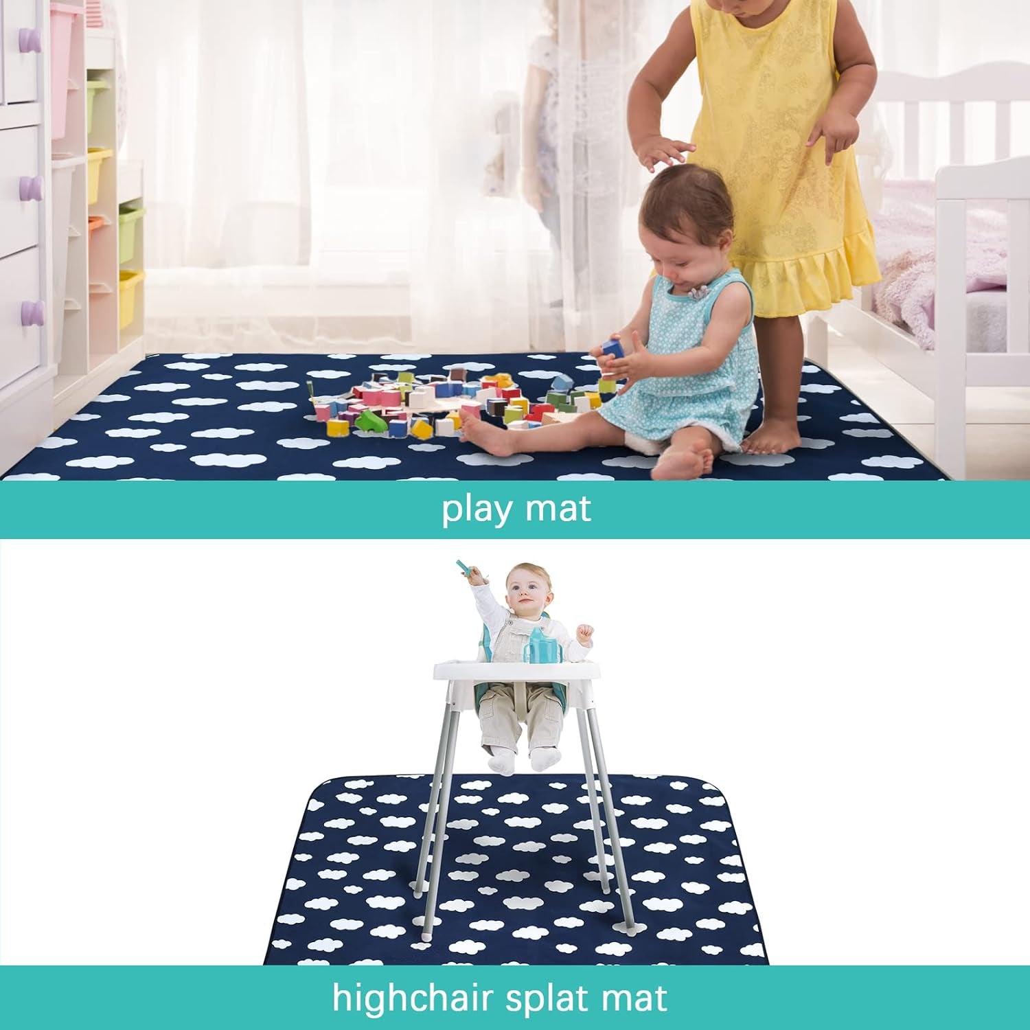 Splat Mat 2 Pack for under High Chair & Arts & Crafts & Eating Mess, Waterproof Baby Playtime Anti-Slip Mat for Floor or Table, Reusable & Portable Splash Mat 42” ×46”