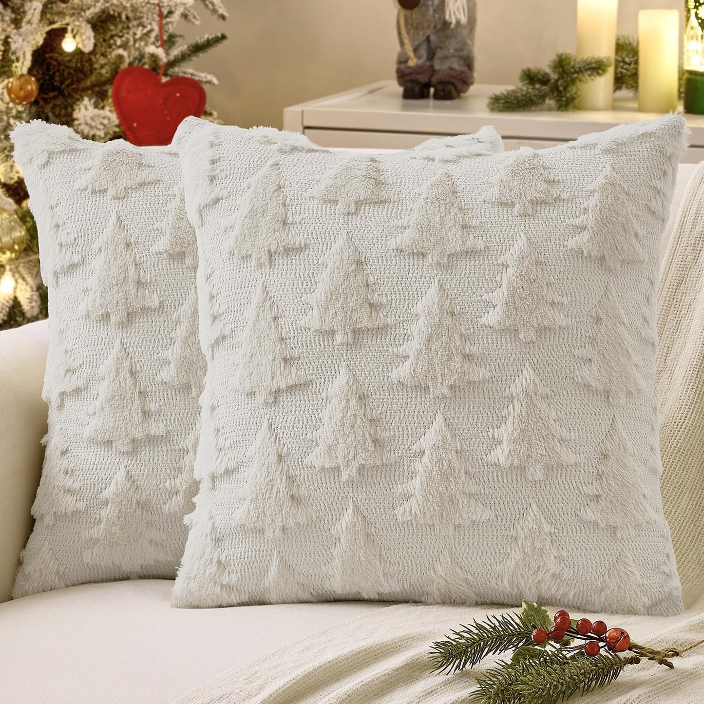Christmas Throw Pillow Covers Cream White Christmas Decorations Set of 2 Xmas Tree 18X18 Pillow Covers Soft Plush Faux Wool Pillowcases Holiday Festivals Winter Home Decor Sofa Couch Bed Porch