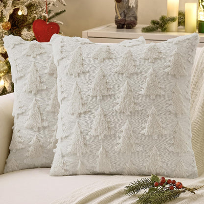Christmas Throw Pillow Covers Cream White Christmas Decorations Set of 2 Xmas Tree 18X18 Pillow Covers Soft Plush Faux Wool Pillowcases Holiday Festivals Winter Home Decor Sofa Couch Bed Porch