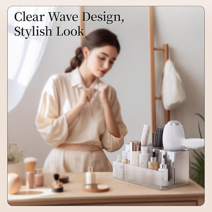 Hair Tool Organizer, Bathroom Sink Vanity Trays, Hair Dryer Holder with Detachable 3 Cups, Transparent Wave Design, Stylish & Durable, Ideal for Makeup, Vanity, Bathroom Counter Organizers and Storage