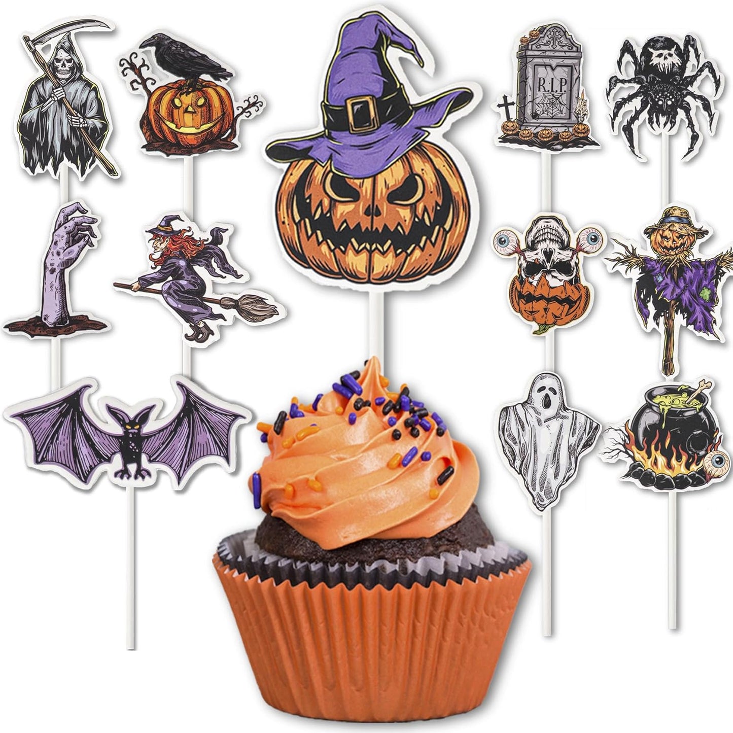 24 PCS Halloween Cupcake Toppers, Cake Decorations, Ghost Cupcake Toppers, Cupcake Decorations Picks for Theme Party, Bat Birthday, Baby Shower