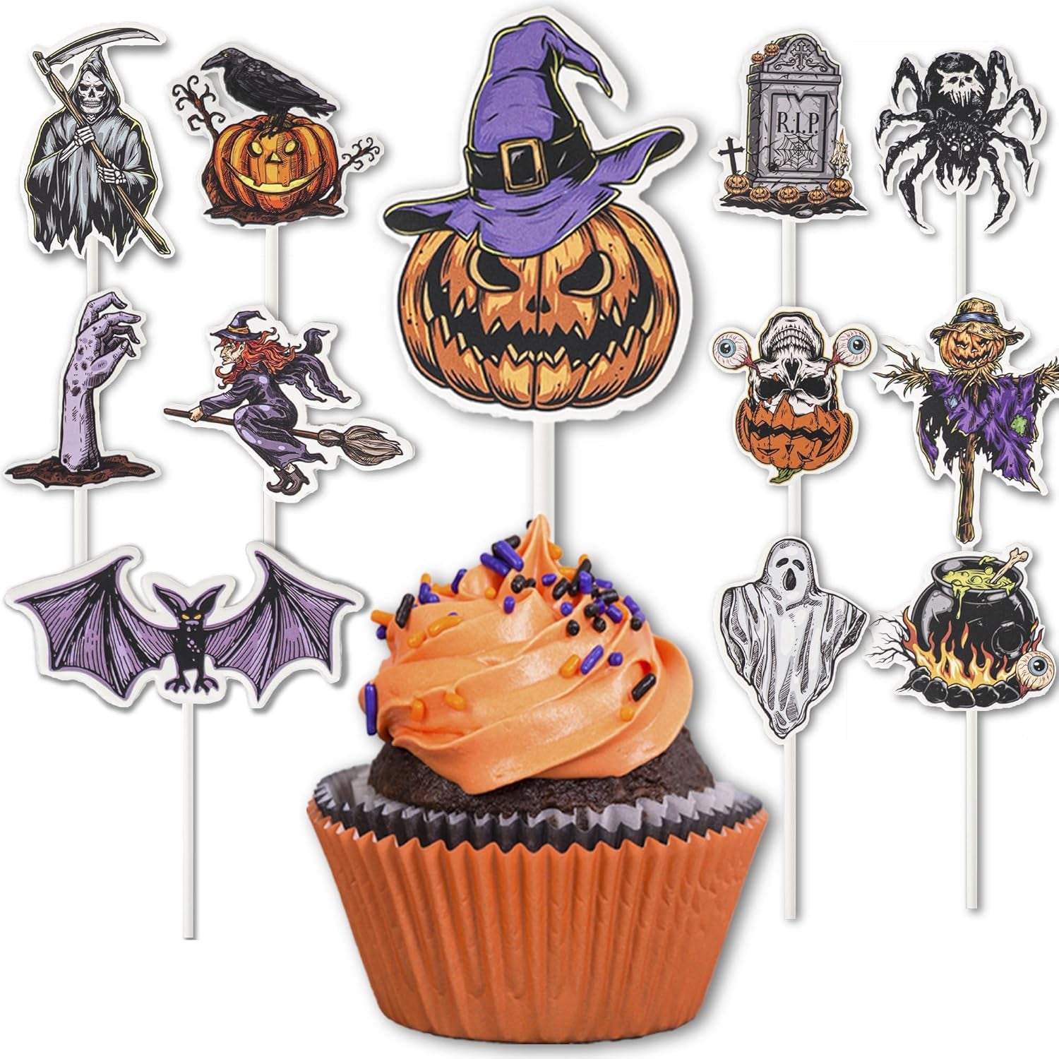 24 PCS Halloween Cupcake Toppers, Cake Decorations, Ghost Cupcake Toppers, Cupcake Decorations Picks for Theme Party, Bat Birthday, Baby Shower