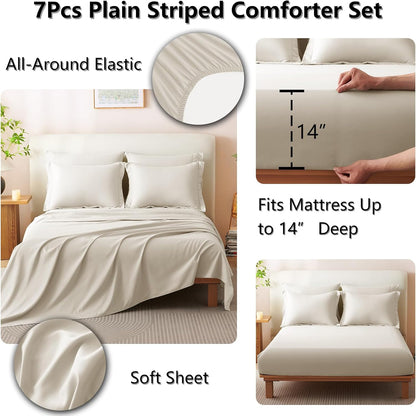 Queen Comforter Set - 7 Pieces Bed in a Bag Beige Comforters Queen Size Bed Set, Soft Bedding Set with All Seasons Comforter, Sheets, Pillowcases & Shams