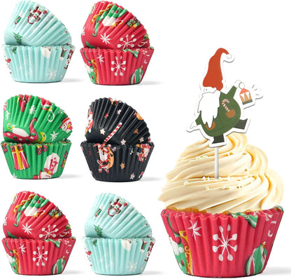400 Pcs Christmas Cupcake Liners with 12 Pcs Cupcake Toppers, Mini Cupcake Liners, Mini Muffin Liners for Xmas Party, Baby Shower, Christmas Holiday, Birthday Party
