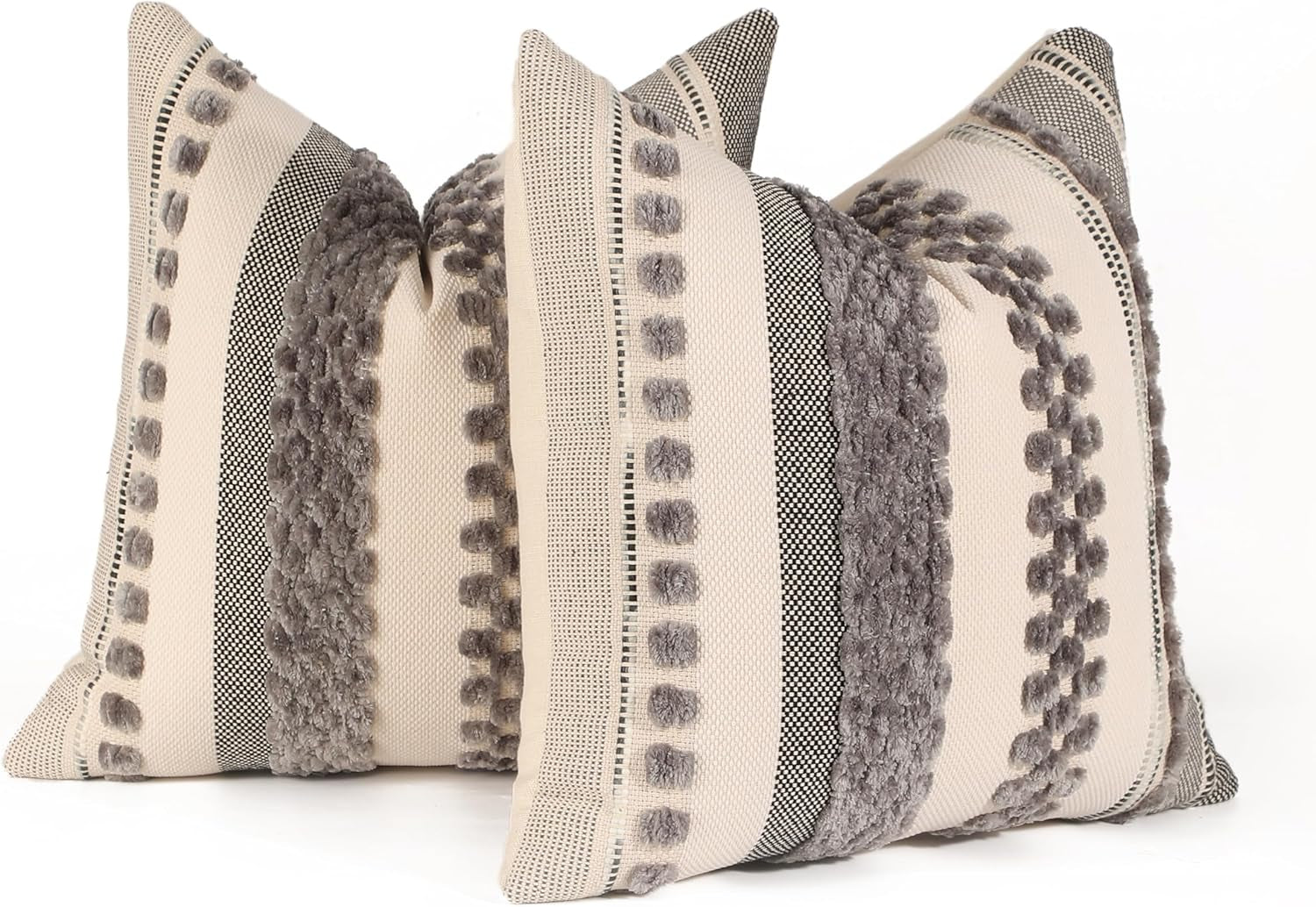 Pack of 2 Boho Throw Pillow Covers Accent Striped Pillowcovers Farmhouse Decorative Cushion Case Home Decor 18 X 18 Inch Grey