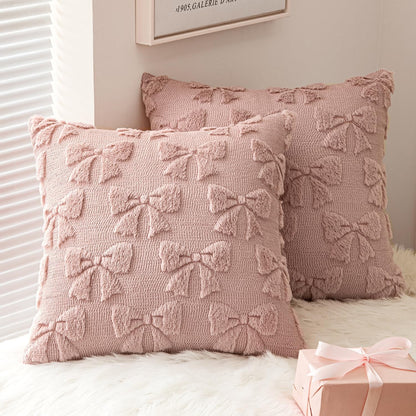 Blush Pink Bow Pillow Covers - Set of 2 Soft Plush Decorative Pillowcases for Aesthetic Room Decor, 18x18 Inches