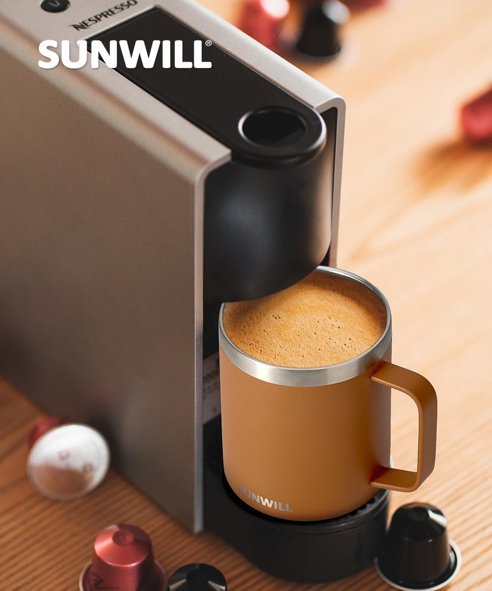 Insulated Coffee Mug with Lid, Travel Tumbler with Handle, 14 Oz Stainless Steel Cup for Camping, Office, Home, Powder Coated Caramel