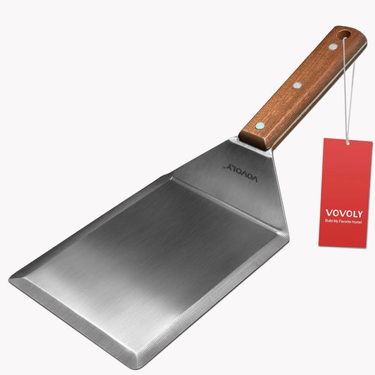 Extra Wide Spatula, Large Metal Spatula with Full Tang Wooden Handle & Beveled Edges for Skillets, Griddles & Grills, Pancake Flipper Turner, Smash Burgers Turner, 6 X 5-Inches