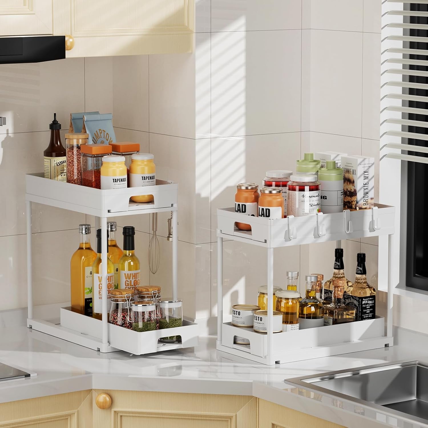 under Sink Organizers and Storage, 2 Pack Pull Out Kitchen Bathroom Cabinet Organizer, 2 Tier White under Sink Storage for Bathroom Kitchen, under Counter Storage Organizer with 8 Hooks