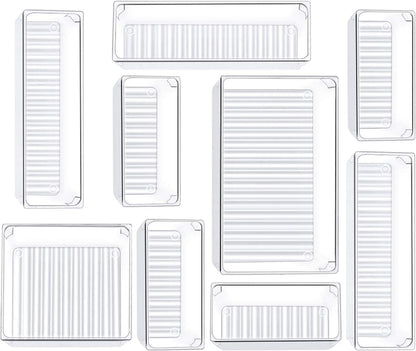 9 Pcs Drawer Organizer Set, 4-Size Bathroom Vanity Trays Makeup Desk Dividers Versatile Storage Bins Clear Plastic Container for Dresser, Bedroom, Kitchen, Office