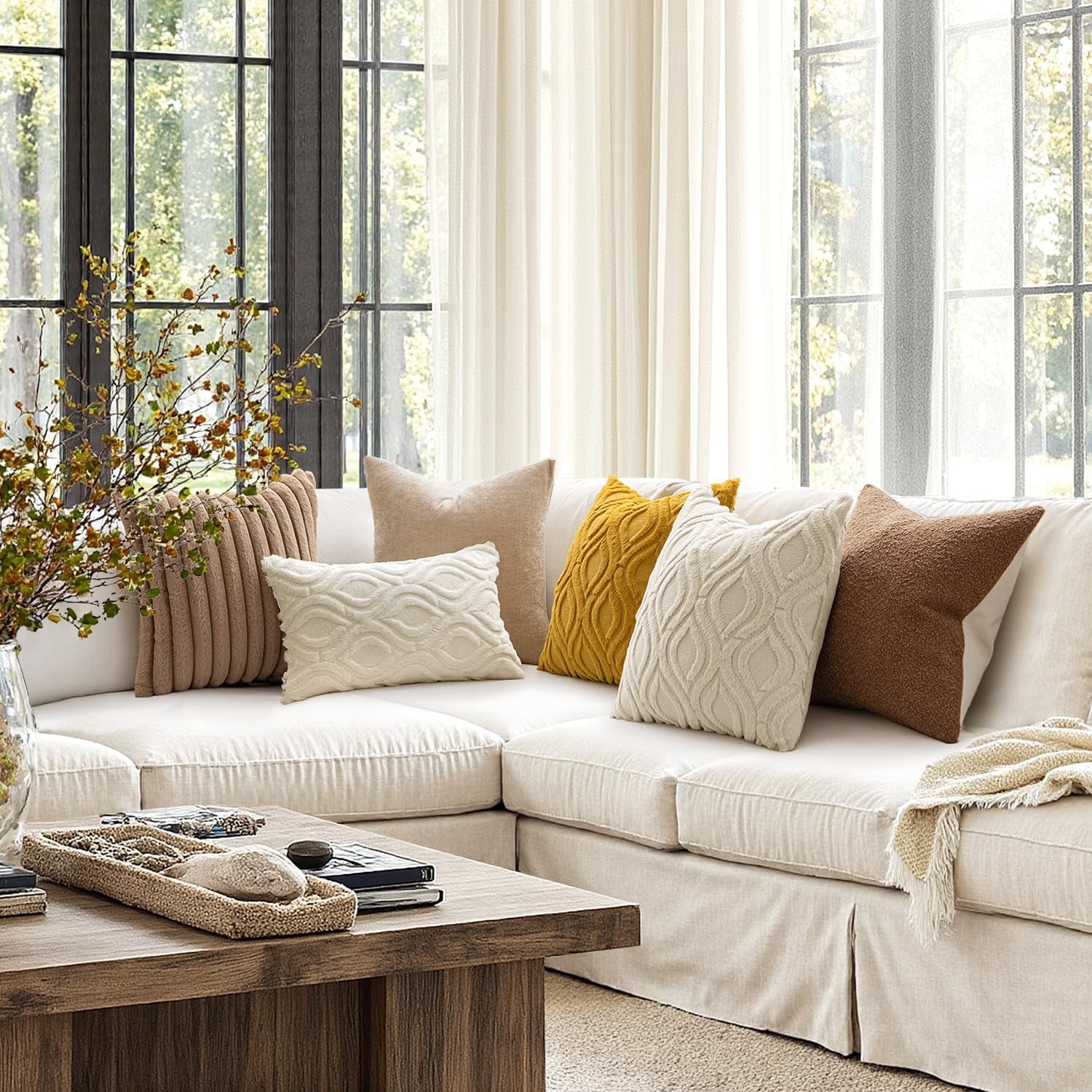 Beige Throw Pillow Covers 18X18 Inch, Neutral Soft Plush Faux Wool Solid Couch Pillows Set of 2, Decorative Farmhouse Boho Cushion Covers for Sofa Living Room Bed Home Decor