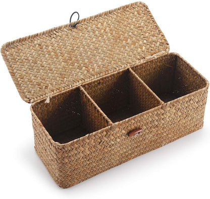 Seagrass Tank Basket with Lid Woven Toilet Roll Storage Basket with Sections Rectangular for Organize Snack Toys Tampon (Large Compartment 16.5Inch L X 5.5Inch W X 5.5Inch H) Natural