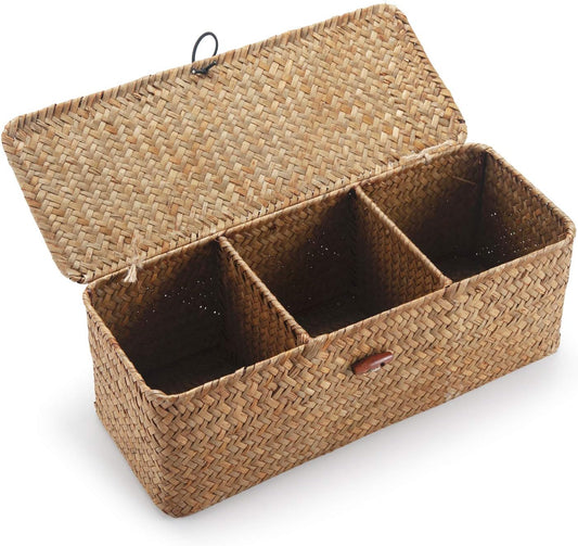 Seagrass Tank Basket with Lid Woven Toilet Roll Storage Basket with Sections Rectangular for Organize Snack Toys Tampon (Large Compartment 16.5Inch L X 5.5Inch W X 5.5Inch H) Natural