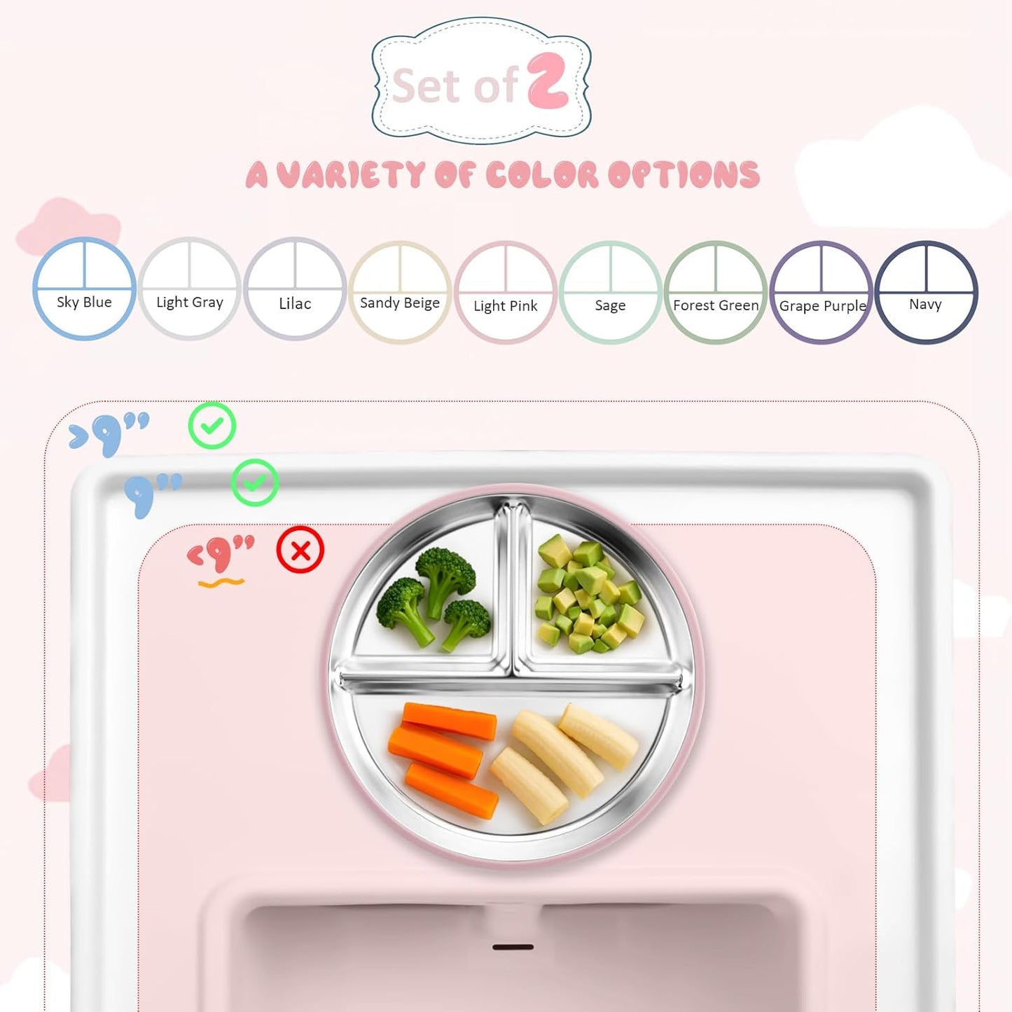 Stainless Steel Toddler Suction Plate with Lid, Deeper 9" Divided Plates with Removable Silicone Sleeves for Kids, Non Toxic & BPA Free | Unbreakable Baby Snack Dishes Set of 2,Pink & Beige