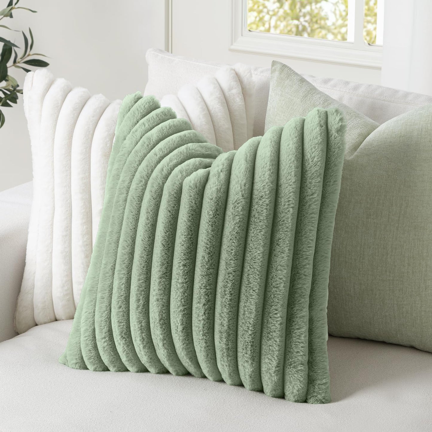 Faux Fur Decorative Throw Pillow Covers, 18x18 Inch Set of 2, Modern Plush Couch Pillows in Sage Green for Spring Home Decor