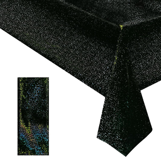 Black Holographic Laser Tablecloth - Galaxy Space Design, 40 x 108 Inches, Shimmering Star Table Cover for Halloween, Birthday, Graduation, and Neon Party Supplies - Disposable Plastic Foil Table Decor
