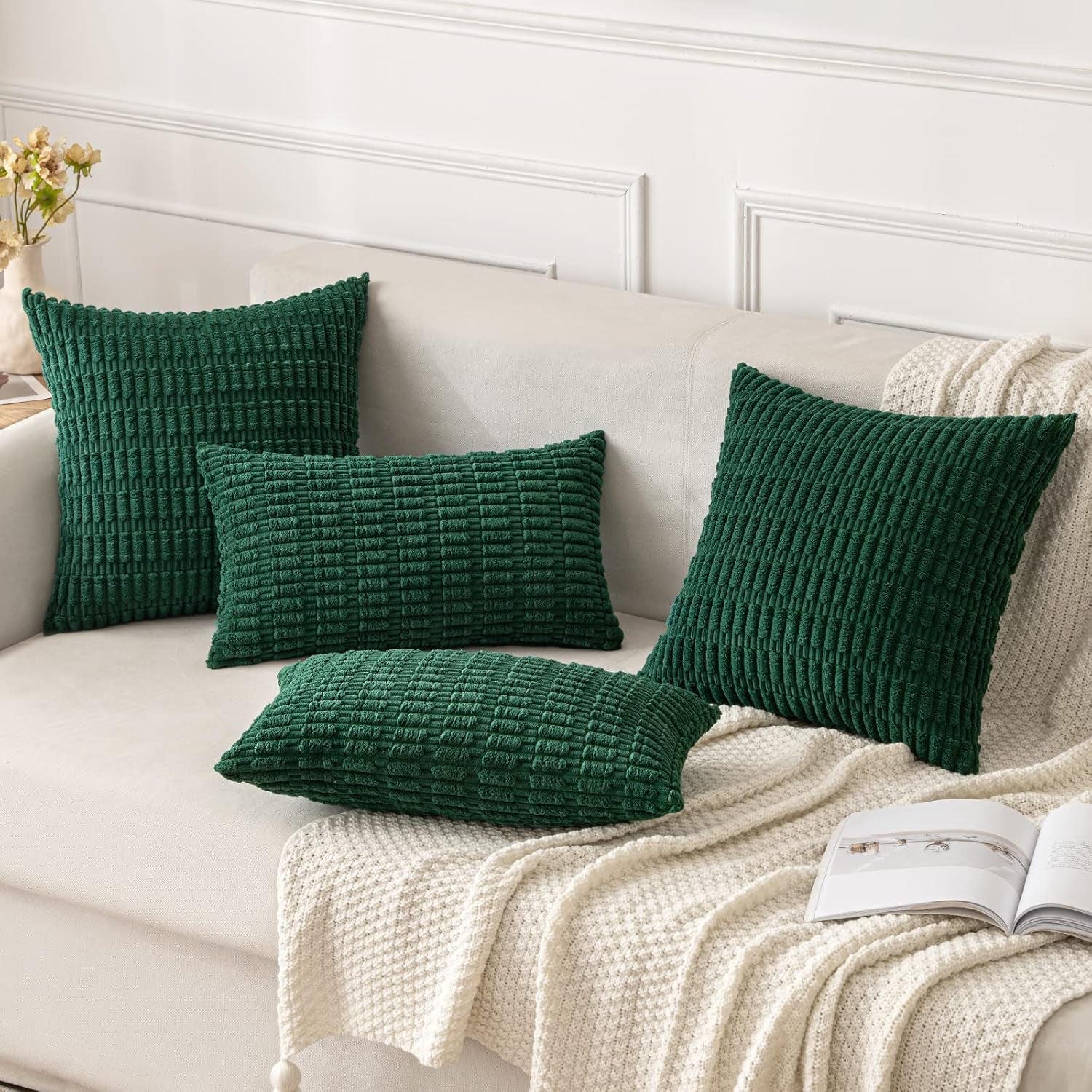 Set of 2 Dark Green Corduroy Decorative Pillow Covers, 18x18 Inches, Soft Bohemian Striped Throw Pillows for Modern Farmhouse Home Decor, Ideal for Sofa, Living Room, Couch, and Bed