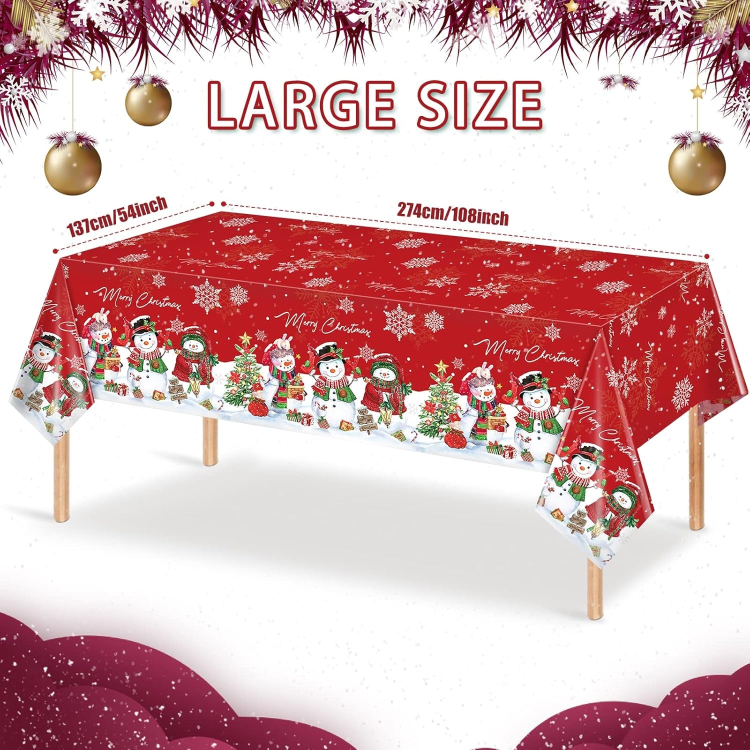 1Pcs Christmas Snowman Tablecloth,Plastic Christmas Snowman Snowflake Winter Table Cover with Xmas Tree for Winter Holiday Themed Party Decorations and Supplies,54X 108Inch（Red）