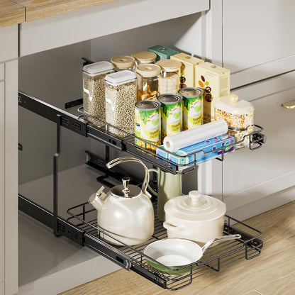Pull Out Cabinet Organizer, Heavy Duty Cabinet Shelf Organizers, 2 Tier Cabinet Slide Out Shelves for Kitchen, Pantry, Bathroom, 14" W X 21" D