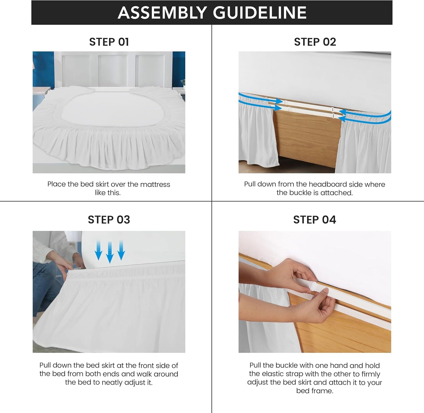 Full Elastic Bed Ruffle - Easy Wrap around Ruffle - Microfiber Bed Skirt with Adjustable Elastic Belt 16 Inch Tailored Drop - Hotel Quality Bedskirt, Fade Resistant (Full, White)