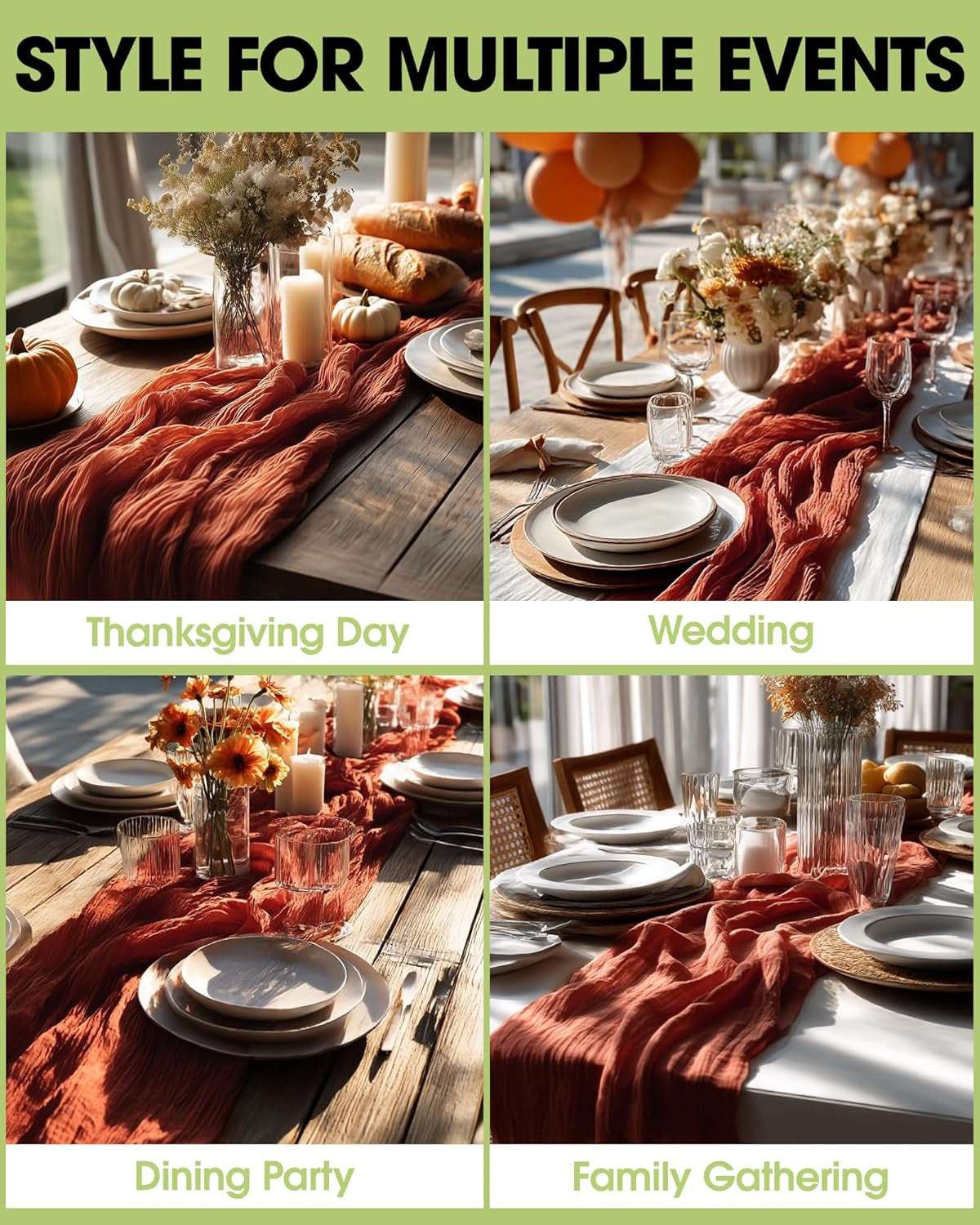 2-Pack Fall Thanksgiving Table Runner, 120'' Boho Table Cloth Decorations for Party, Baby Shower, Wedding and Farmhouse, Fabric Room Decor, Rust, Terracotta