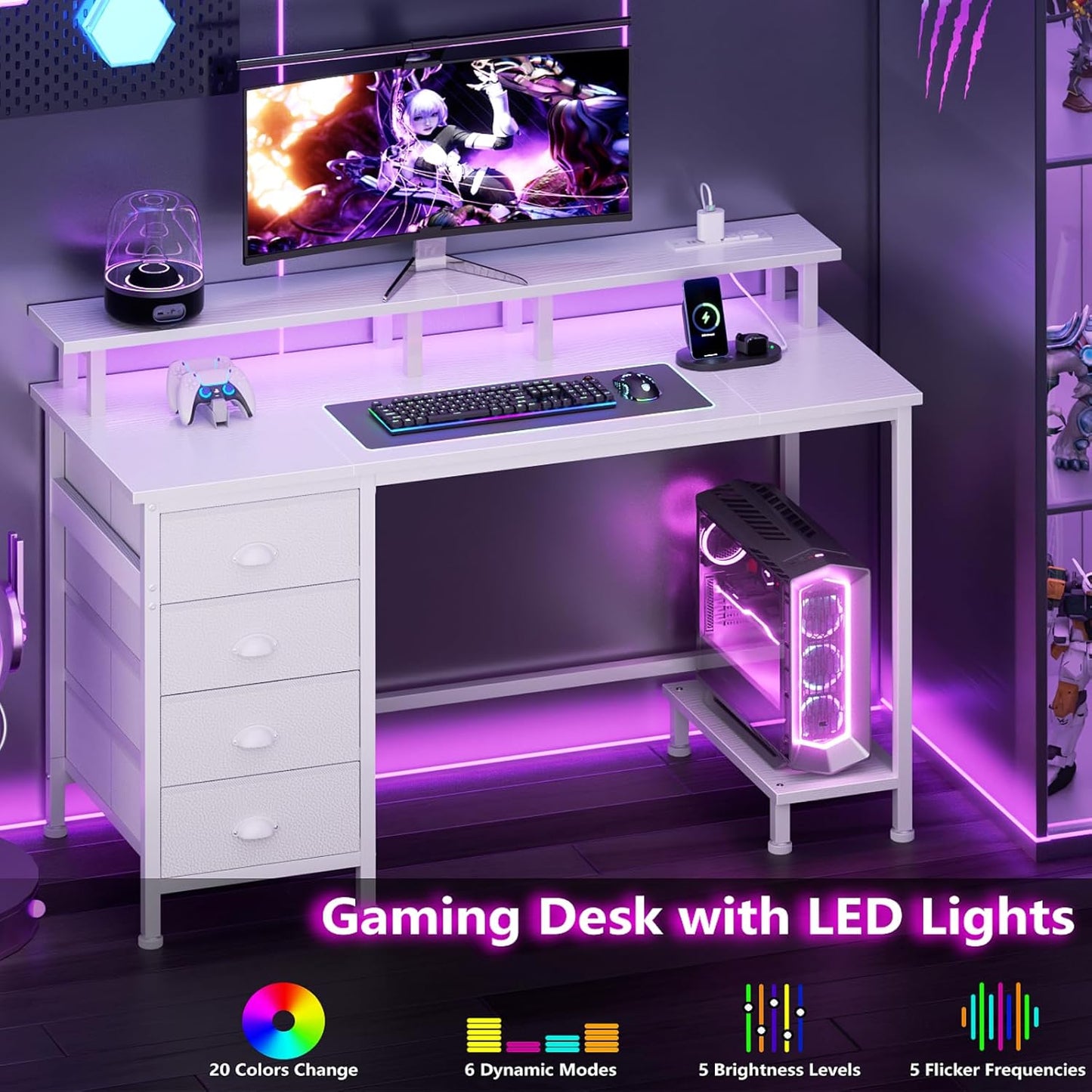 47" White Computer Desk with 4 Fabric Drawers & Monitor Stand, Gaming Desk with Power Outlets - LED Lights, Home Office Space-Saving Study Table for Bedroom Small Spaces