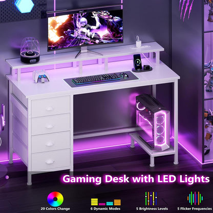 47" White Computer Desk with 4 Fabric Drawers & Monitor Stand, Gaming Desk with Power Outlets - LED Lights, Home Office Space-Saving Study Table for Bedroom Small Spaces