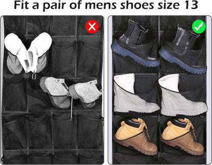 Boots Hanging Shoe Organizer for Closet 12 Extra Large Mesh Pockets over the Door Shoe Rack for Men Shoes Size 16, Black