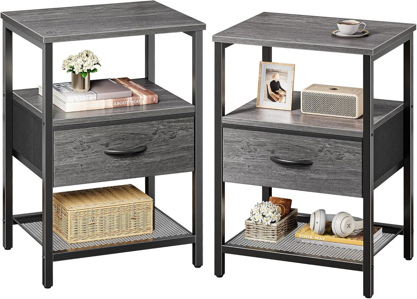 Set of 2 Nightstands with Fabric Drawers and Mesh Shelves, Grey Metal Frame Side Tables for Bedroom Storage