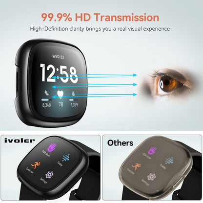 [4 Pack] Screen Protector Tempered Glass for Fitbit Sense/Versa 3, Hard PC Case with Bumper Cover Sensitive Touch Full Coverage Protective Case for Sense/Versa 3 Smart Watch, Black