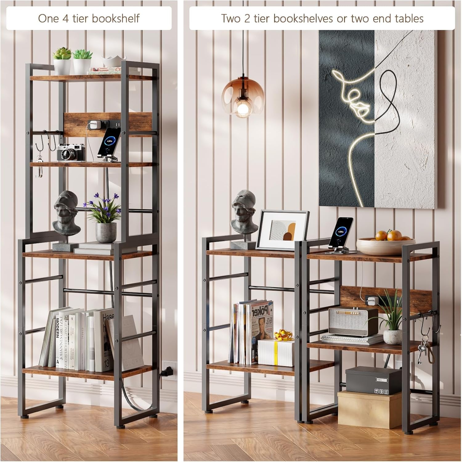 Book Shelf, 4 Tier Bookshelf with Charging Station, Industrial Small Bookcase Set of 2, Display Shelf, Stackable Book Storage Shelves for Bedroom/Living Room/Home Office, Rustic Brown
